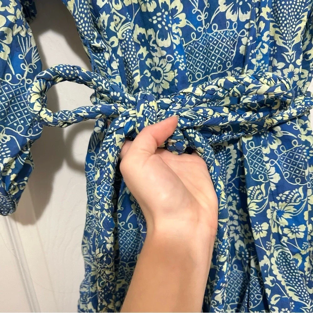 RHODE Floral Print Dress Blue Cream Feminine Ruffle Cotton Beach Vacation Sz Med